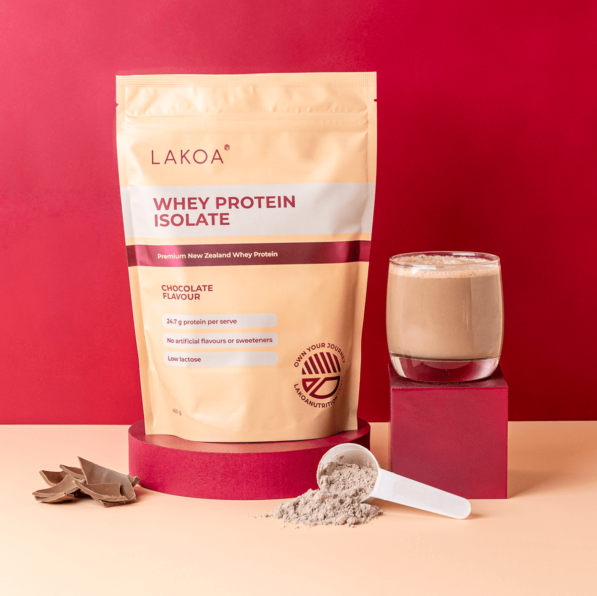 Chocolate Whey Isolate Protein with Scoop and Glass