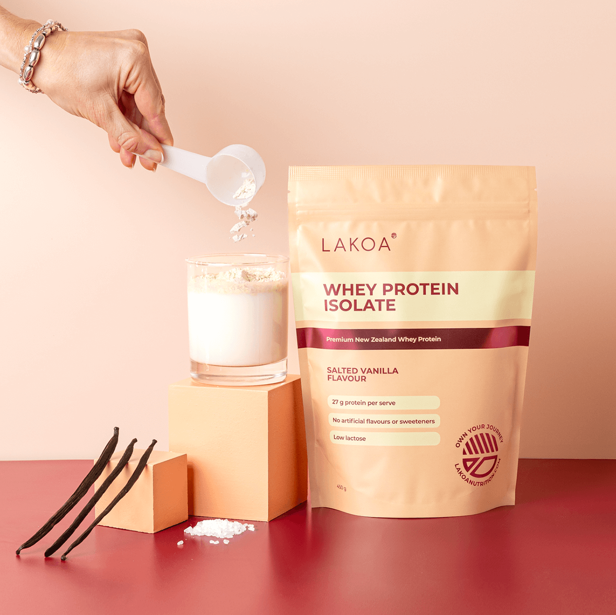 Vanilla Protein Powder Whey Isolate with Vanilla Beans and Scoop