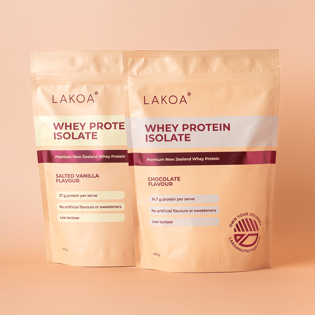 Two bags of whey protein isolate powder in Vanilla and Chocolate Flavours